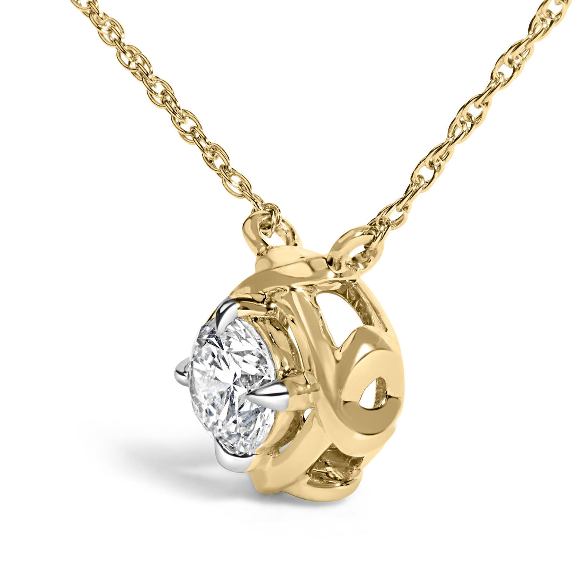 Close-up angled view of a yellow necklace with a decorative round white gemstone held in a prong setting.