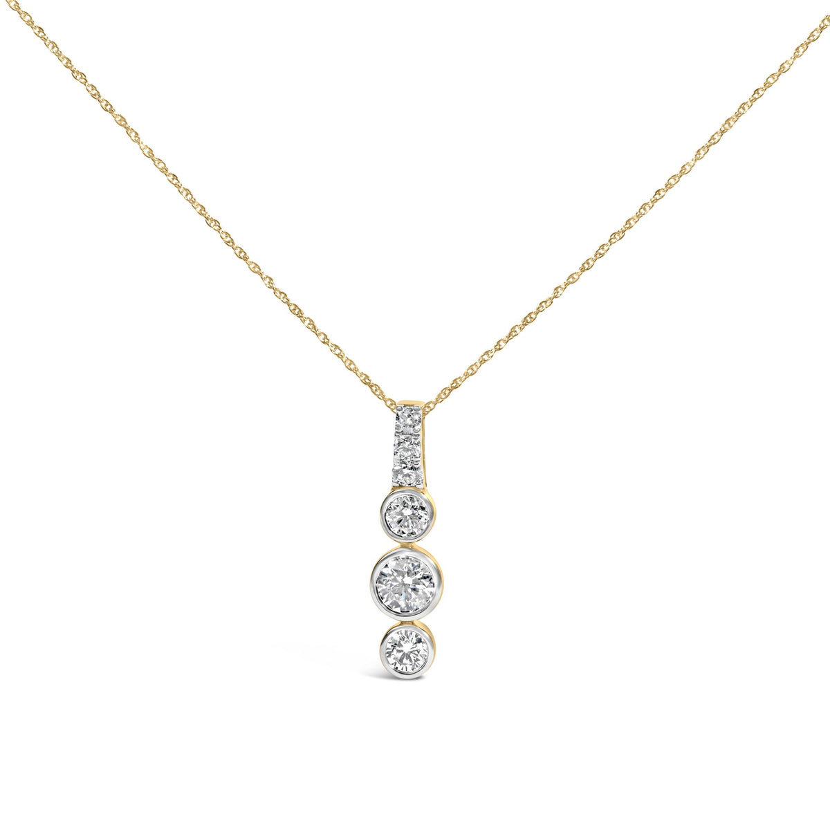 Front-angle close-up of 10K yellow gold-plated sterling silver vertical pendant necklace with round lab-grown diamonds