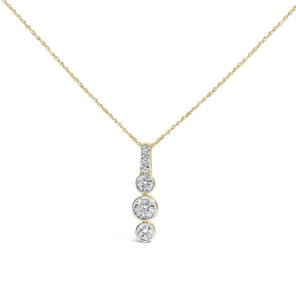 Front-angle close-up of 10K yellow gold-plated sterling silver vertical pendant necklace with round lab-grown diamonds