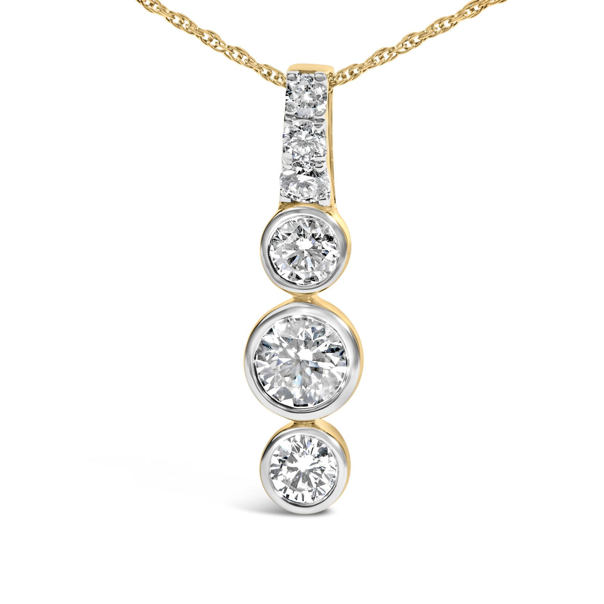 Front view of vertical drop pendant necklace with prong-set and bezel-set round lab-grown diamonds