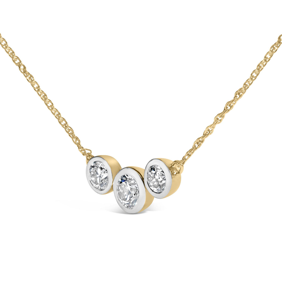 Close-up front angle of a yellow metal necklace featuring a pendant with three round white gemstones in bezel settings.