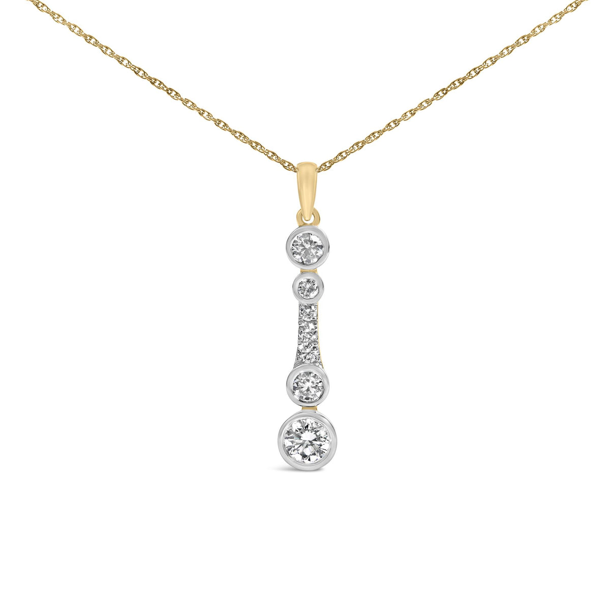 Close-up front view of a yellow necklace with a vertical pendant featuring multiple round white gemstones in bezel and prong settings.