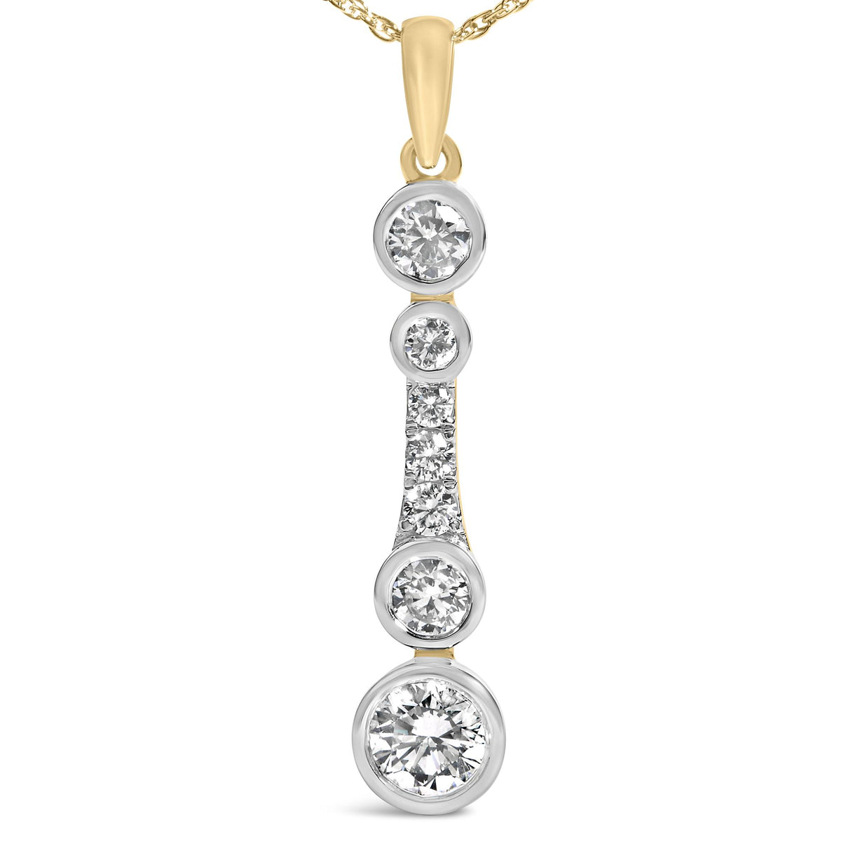 Close-up front view of a yellow necklace pendant featuring multiple round white gemstones in bezel and prong settings arranged vertically.