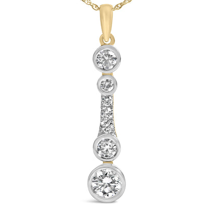 Close-up front view of a yellow necklace pendant featuring multiple round white gemstones in bezel and prong settings arranged vertically.