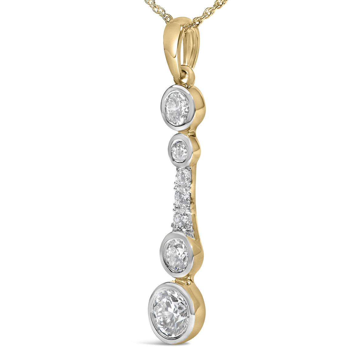 Close-up front angled view of a yellow metal necklace pendant featuring a vertical arrangement of round white gemstones in bezel and prong settings. The chain is partially visible at the top. The necklace is shown isolated on a white background.