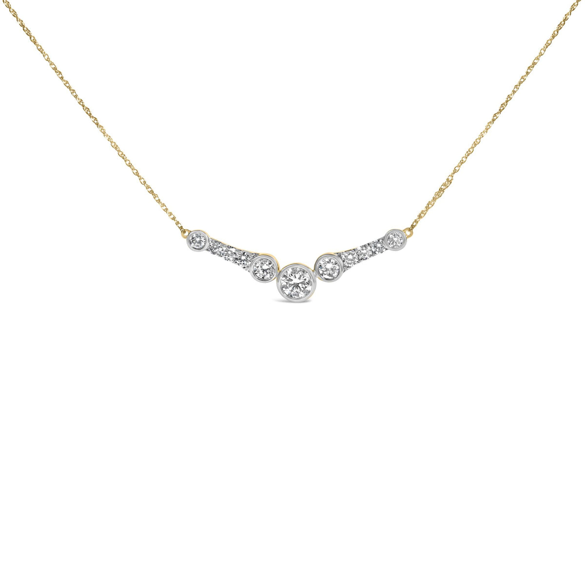 Close-up front angle of a yellow necklace with a curved bar pendant featuring a combination of bezel and prong set round white gemstones, displayed against a white background.