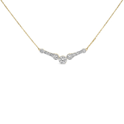 Close-up front angle of a yellow necklace with a curved bar pendant featuring a combination of bezel and prong set round white gemstones, displayed against a white background.