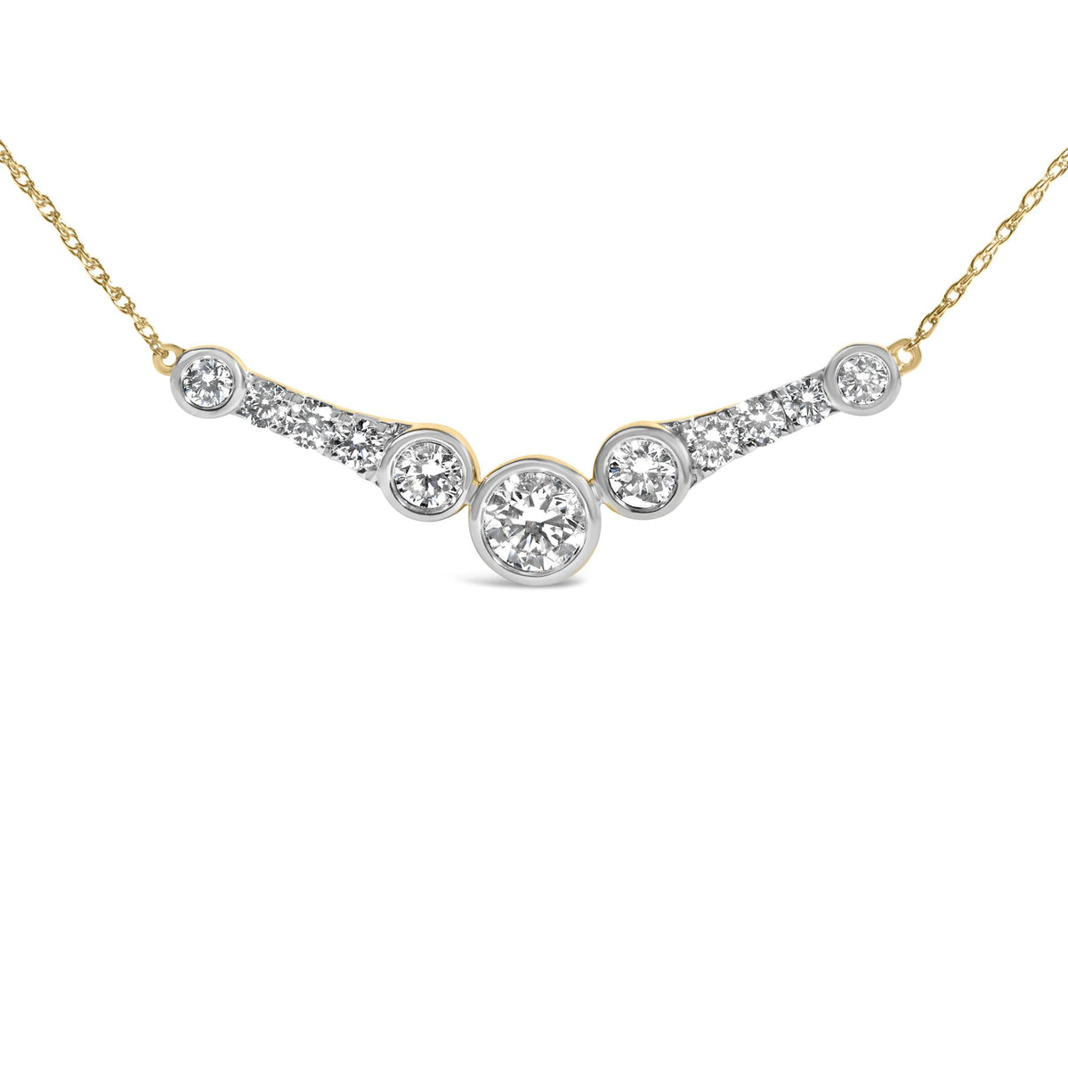 Close-up front angle of a yellow metal necklace with a curved bar pendant featuring multiple round white gemstones in bezel and prong settings.