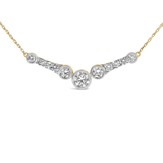 Front view of 10K yellow gold plated sterling silver V bar necklace showcasing lab-grown diamonds in bezel and prong settings
