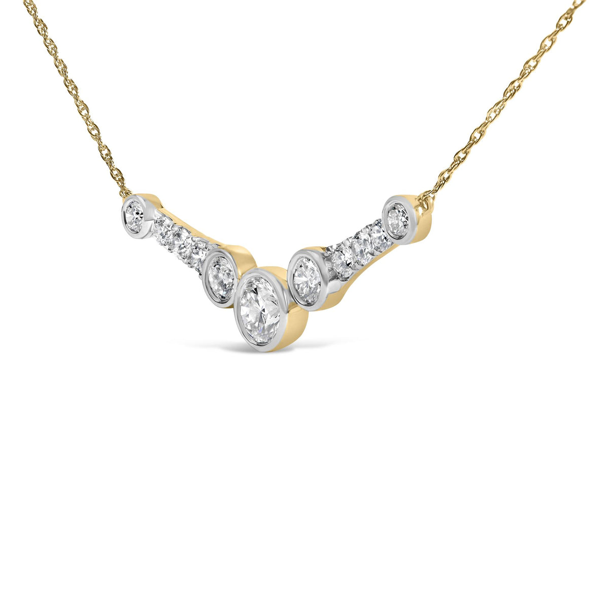 Close-up front angle of a yellow metal necklace with a curved pendant featuring multiple round white gemstones in bezel and prong settings along the pendant.
