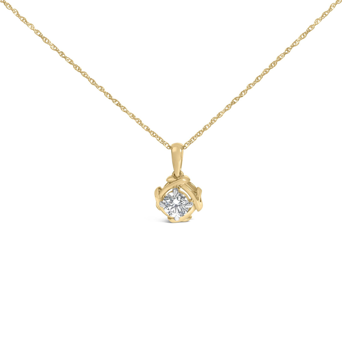 Yellow metal necklace with a round white gemstone in a prong setting, shown from a front angle.