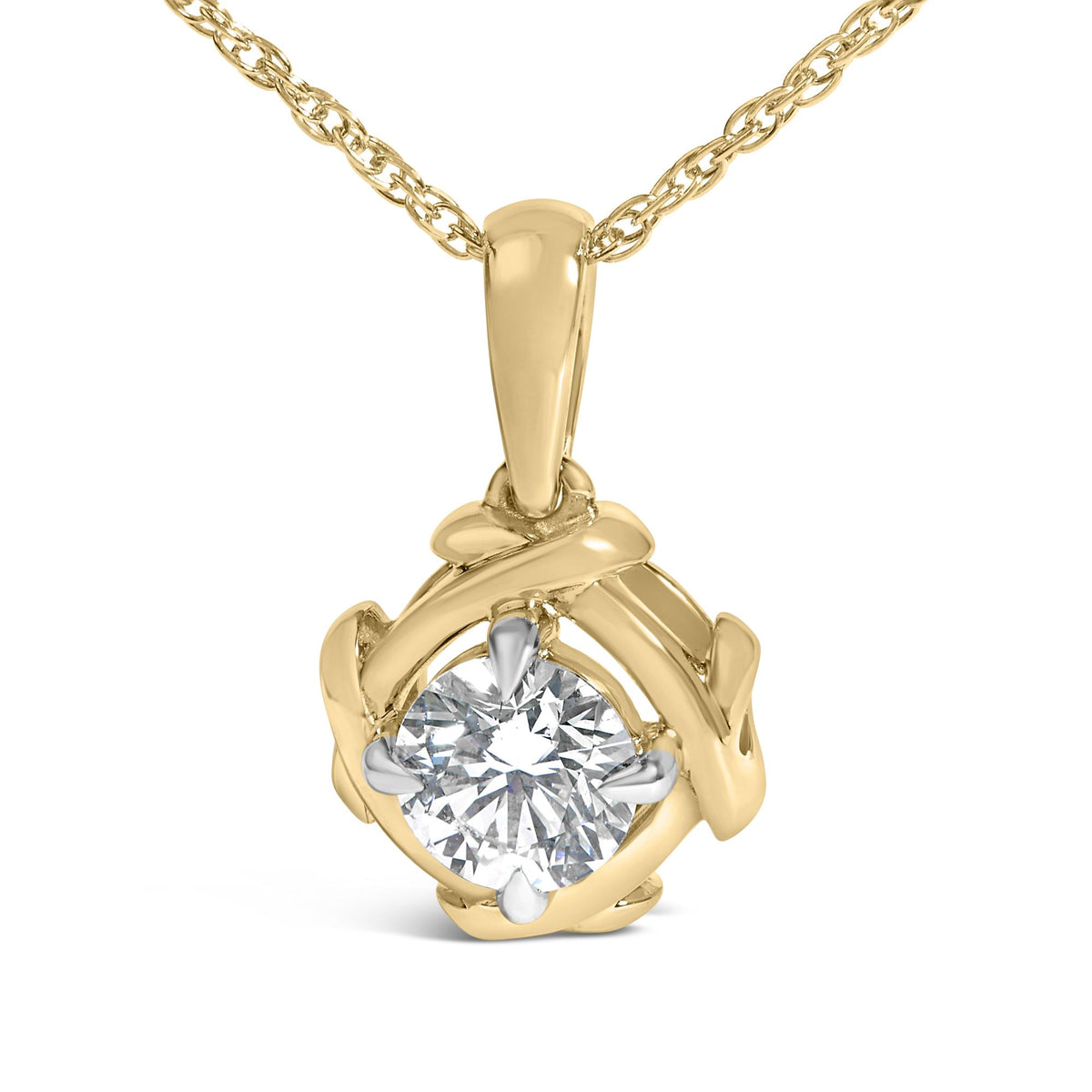 Close-up front view of a yellow metal necklace pendant featuring a round white gemstone in a prong setting, shown on a white background.