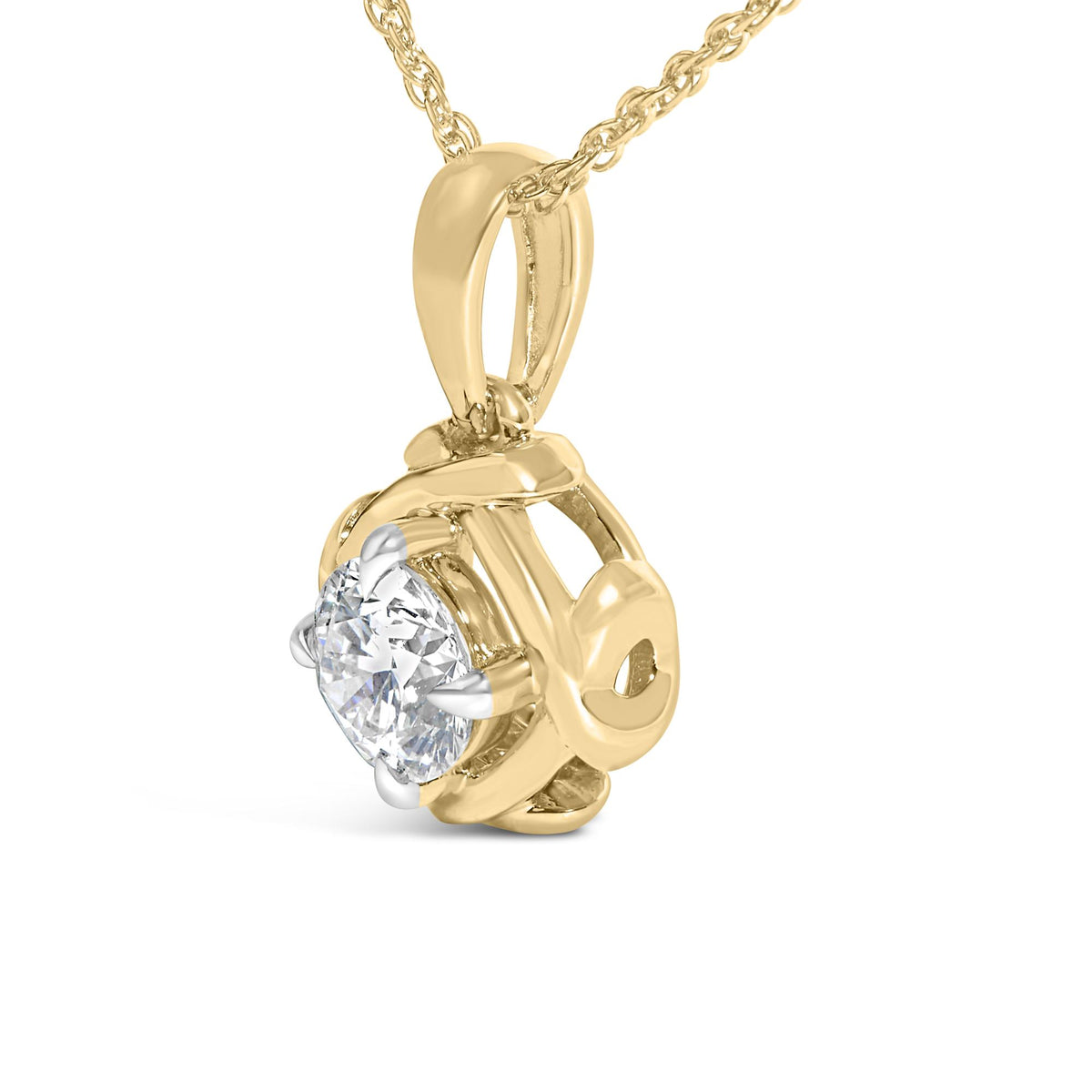 Close-up front view of a yellow metal necklace pendant featuring a round white gemstone in a prong setting.