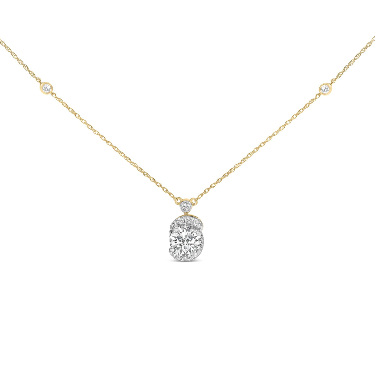 Close-up front view of a yellow metal necklace featuring a pendant with multiple white round gemstones in prong settings and additional small white round gemstones set along the chain.