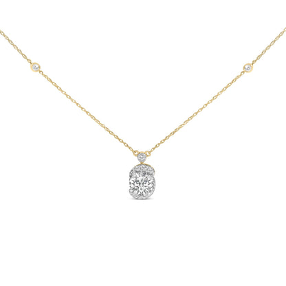 Close-up front view of a yellow metal necklace featuring a pendant with multiple white round gemstones in prong settings and additional small white round gemstones set along the chain.