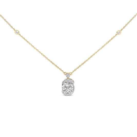 Front view of 14K yellow gold plated sterling silver 3/8 cttw lab grown diamond hex halo pendant necklace on white