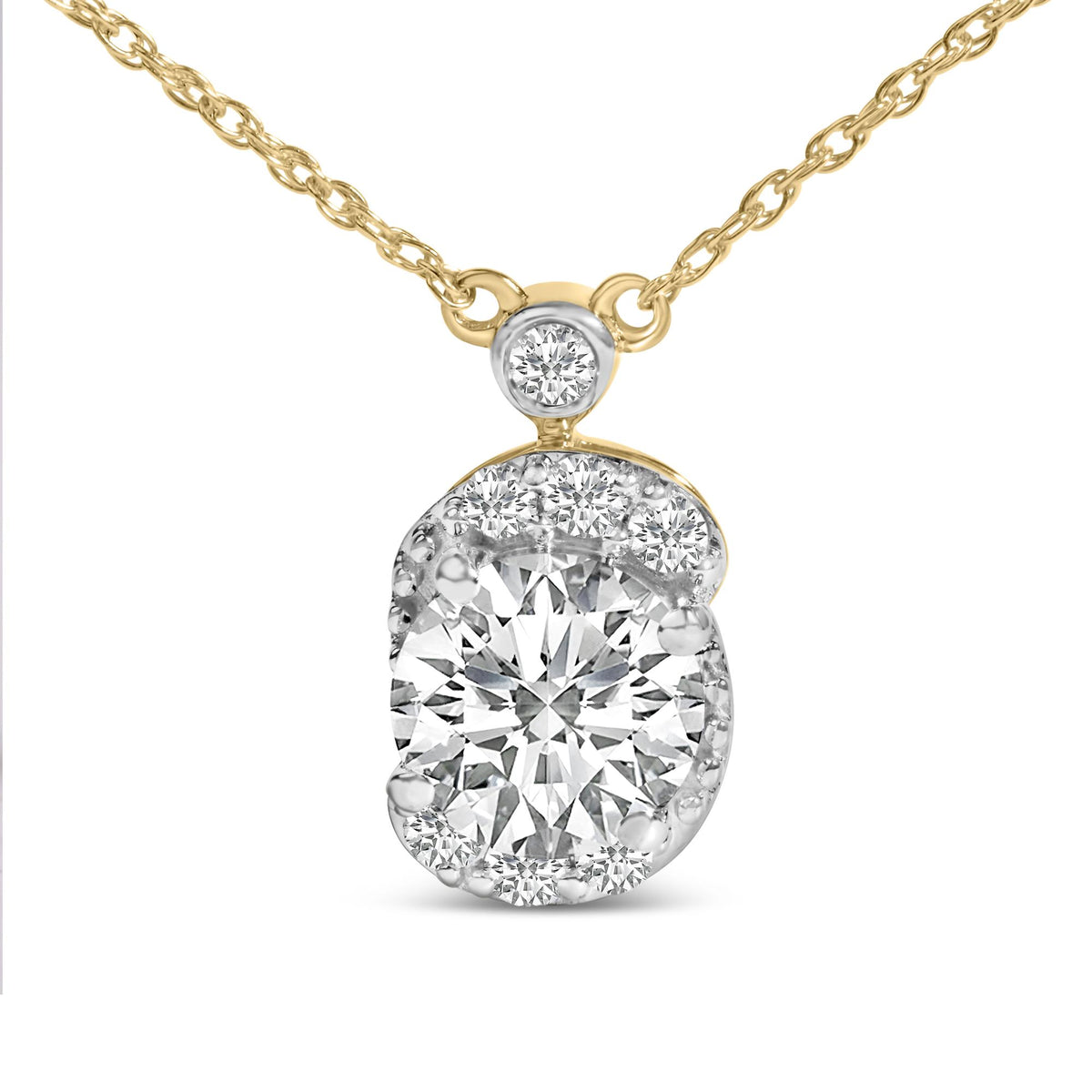 Close-up front view of a yellow metal necklace with an oval-shaped pendant featuring multiple round white gemstones in prong settings.