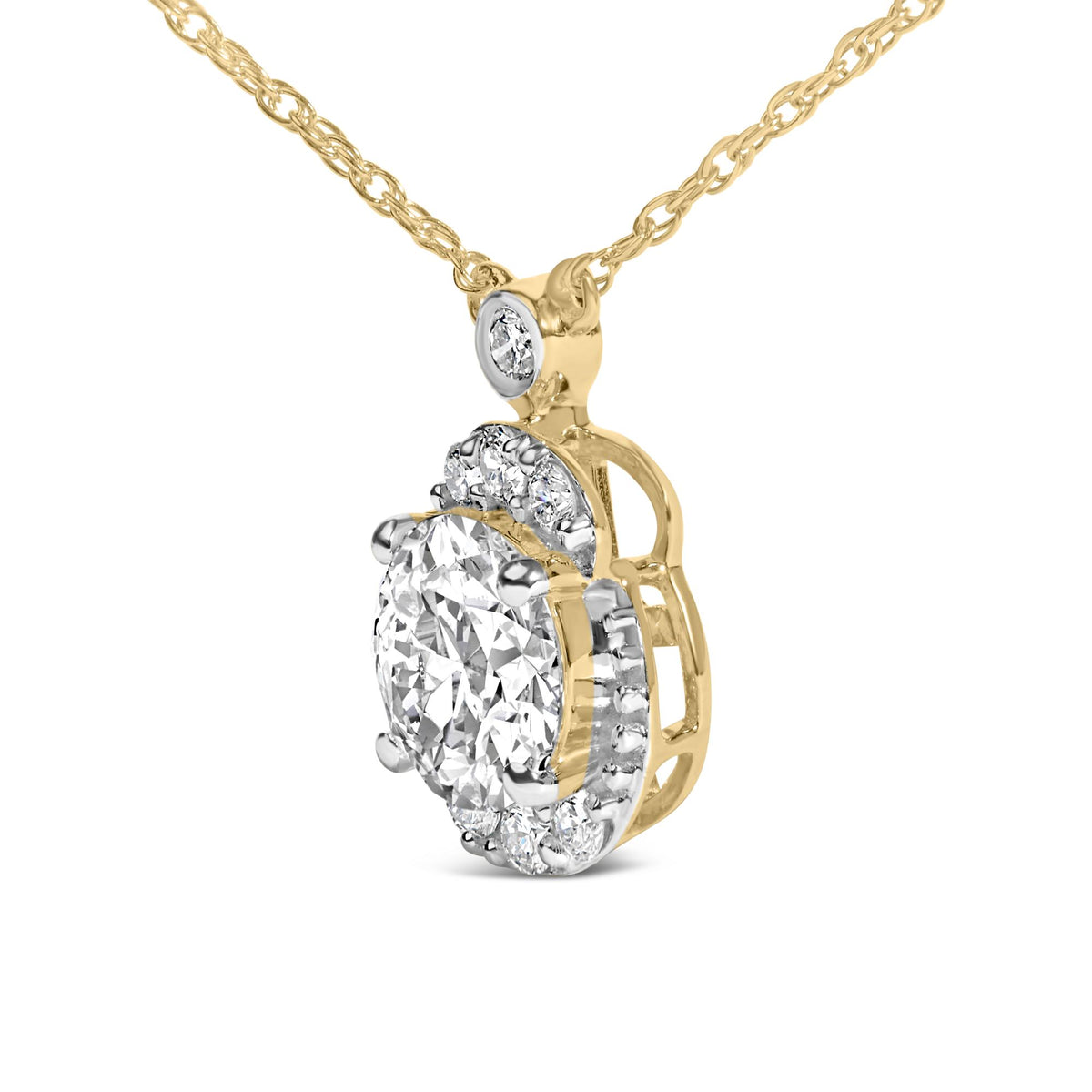 Close-up front angle of a yellow metal necklace featuring an oval pendant with a large clear gemstone center surrounded by smaller white gemstones in prong settings.