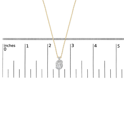 Close-up front view of a yellow metal necklace with a pendant featuring multiple round white gemstones in prong settings, shown on a measurement scale.