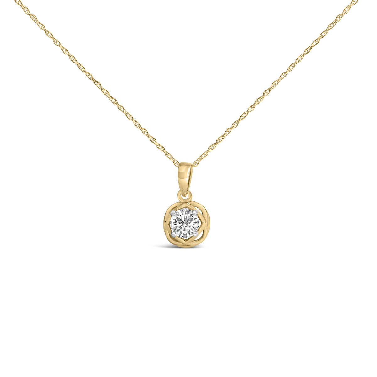 Close-up front view of a yellow necklace with a round white gemstone in a prong setting pendant.