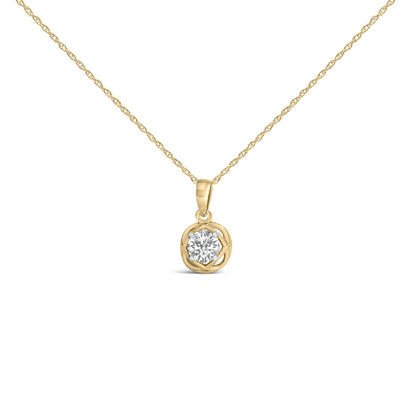 Close-up front view of a yellow necklace with a round white gemstone in a prong setting pendant.