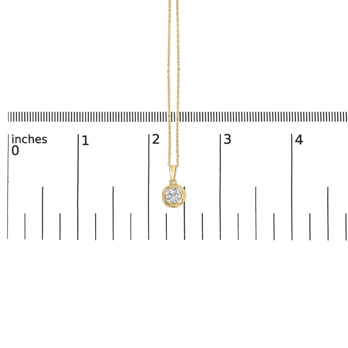 Yellow necklace with a round white gemstone in prong setting, shown on a ruler for scale, photographed from the front.
