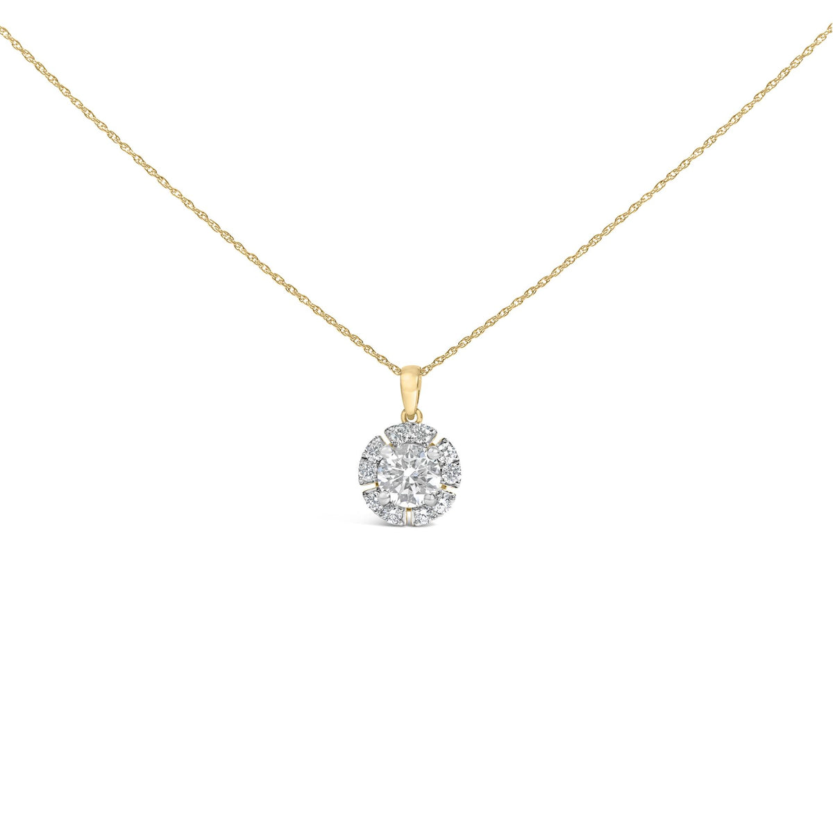 Close-up front view of a yellow necklace with a pendant featuring a round white gemstone surrounded by smaller round white gemstones in prong settings, displayed on a white background.