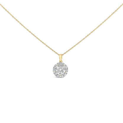 Close-up front view of a yellow necklace with a pendant featuring a round white gemstone surrounded by smaller round white gemstones in prong settings, displayed on a white background.
