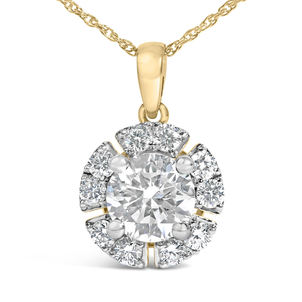 Close-up front view of a yellow metal necklace with an oval pendant featuring a central round white gemstone surrounded by smaller round white gemstones in prong settings.