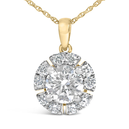 Close-up front view of a yellow metal necklace with an oval pendant featuring a central round white gemstone surrounded by smaller round white gemstones in prong settings.