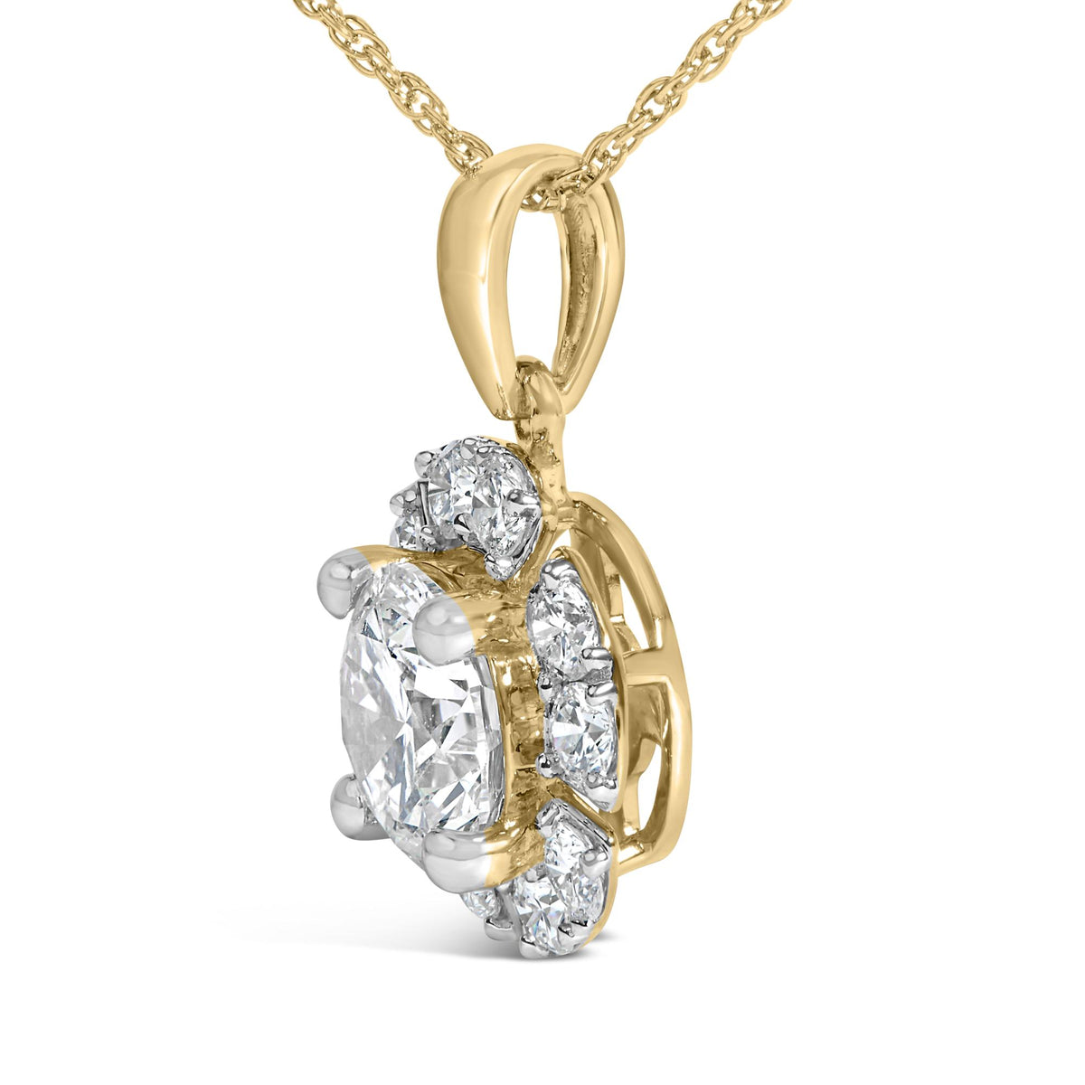 Close-up front angle of a yellow metal necklace pendant featuring one large oval-shaped white gemstone centerpiece surrounded by multiple smaller round white gemstones in prong settings.