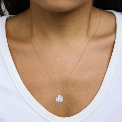 Yellow necklace with a flower-shaped pendant featuring white round gemstones in prong settings, shown worn on a model in a close-up front view.
