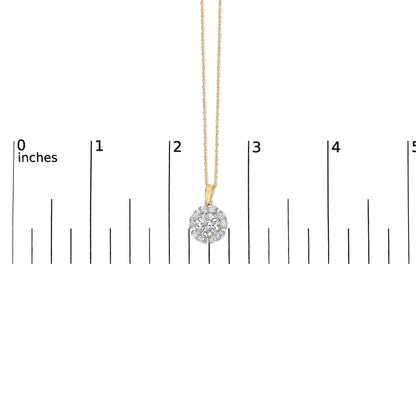 Close-up front view of a yellow metal necklace with a pendant featuring a circular cluster of round white gemstones, shown on a scale.