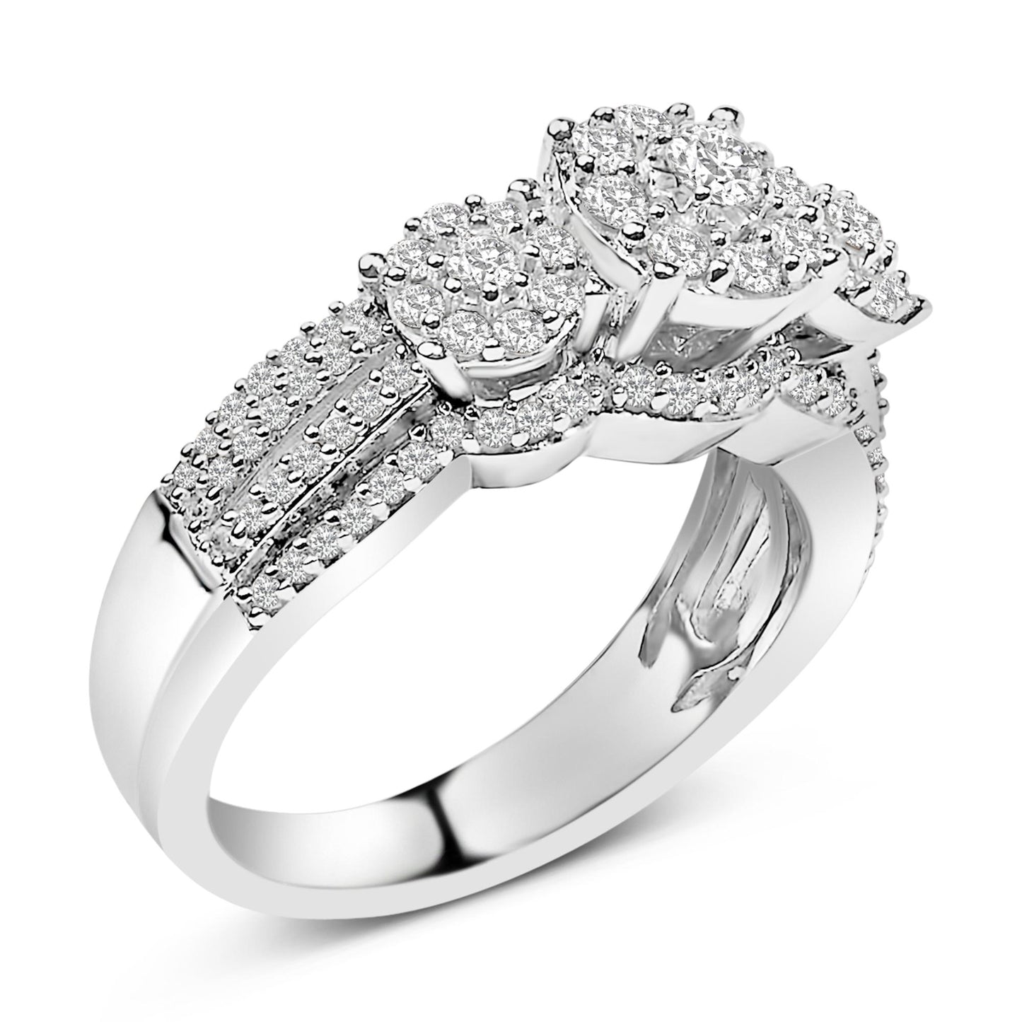 Close-up angle of a white metal ring featuring a triple round cluster of prong-set white gemstones, with additional rows of smaller white gemstones set along the band.