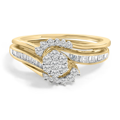Close-up front angle of a ring with yellow and white metal bands, featuring a central cluster of round white gemstones in prong settings, flanked by curved rows of baguette-shaped white gemstones in channel settings.