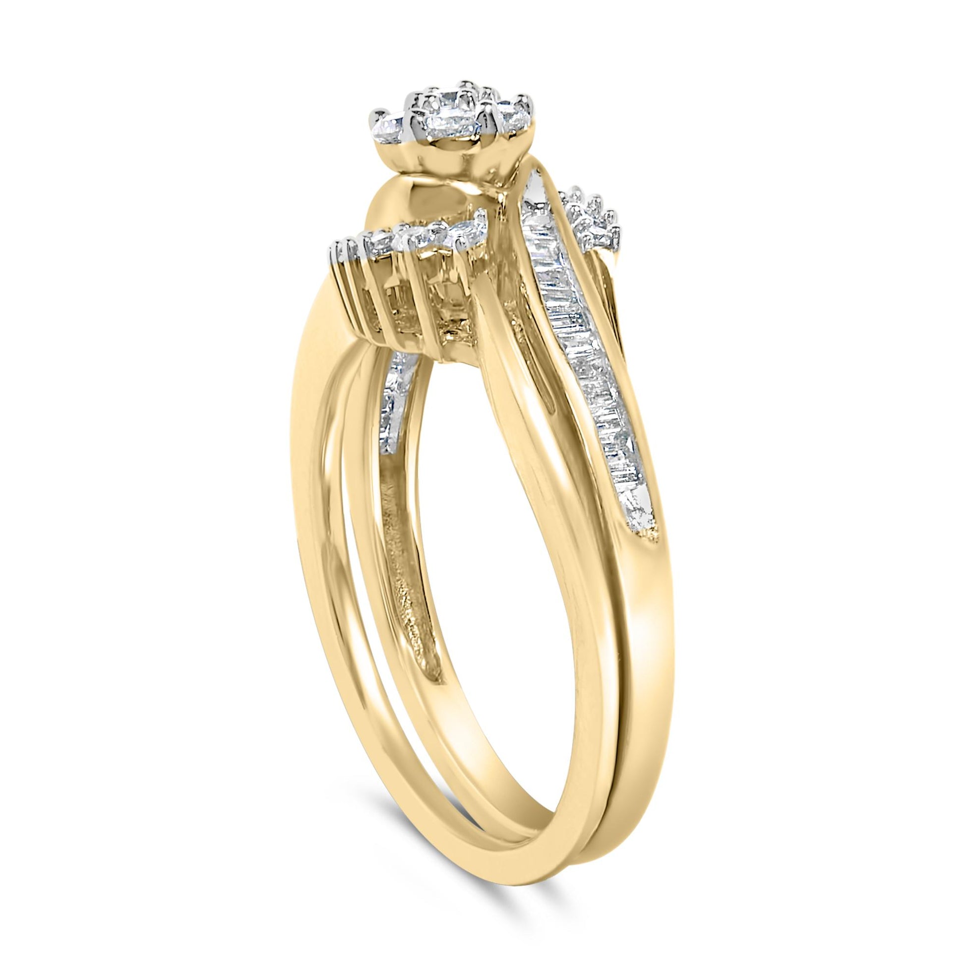 Yellow and white metal ring with white round gemstones in prong setting and white baguette gemstones in channel setting, shown in a close-up angled side view.