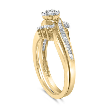 Yellow and white metal ring with white round gemstones in prong setting and white baguette gemstones in channel setting, shown in a close-up angled side view.