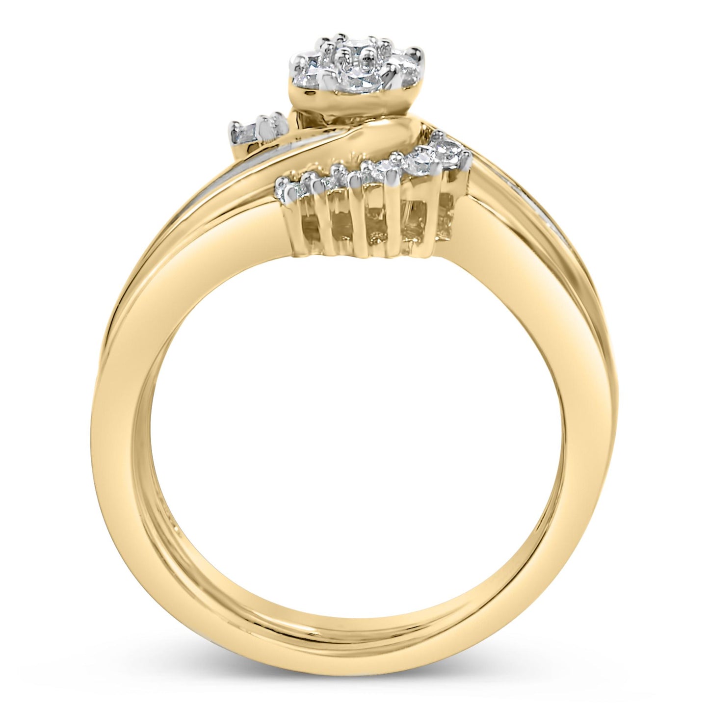 Close-up side angle of a yellow and white metal ring featuring a cluster of white round gemstones in prong settings and a row of white baguette gemstones in channel setting along the band.