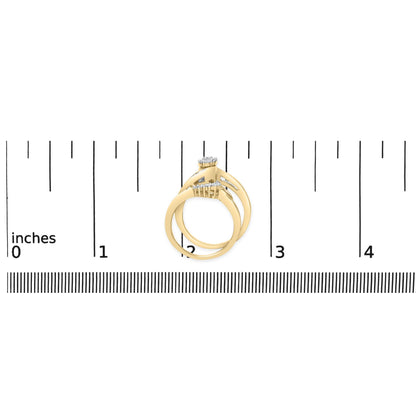 Two rings shown on a scale, photographed from above. Each ring features a yellow and white metal band with white round gemstones in prong settings and white baguette gemstones in channel settings.