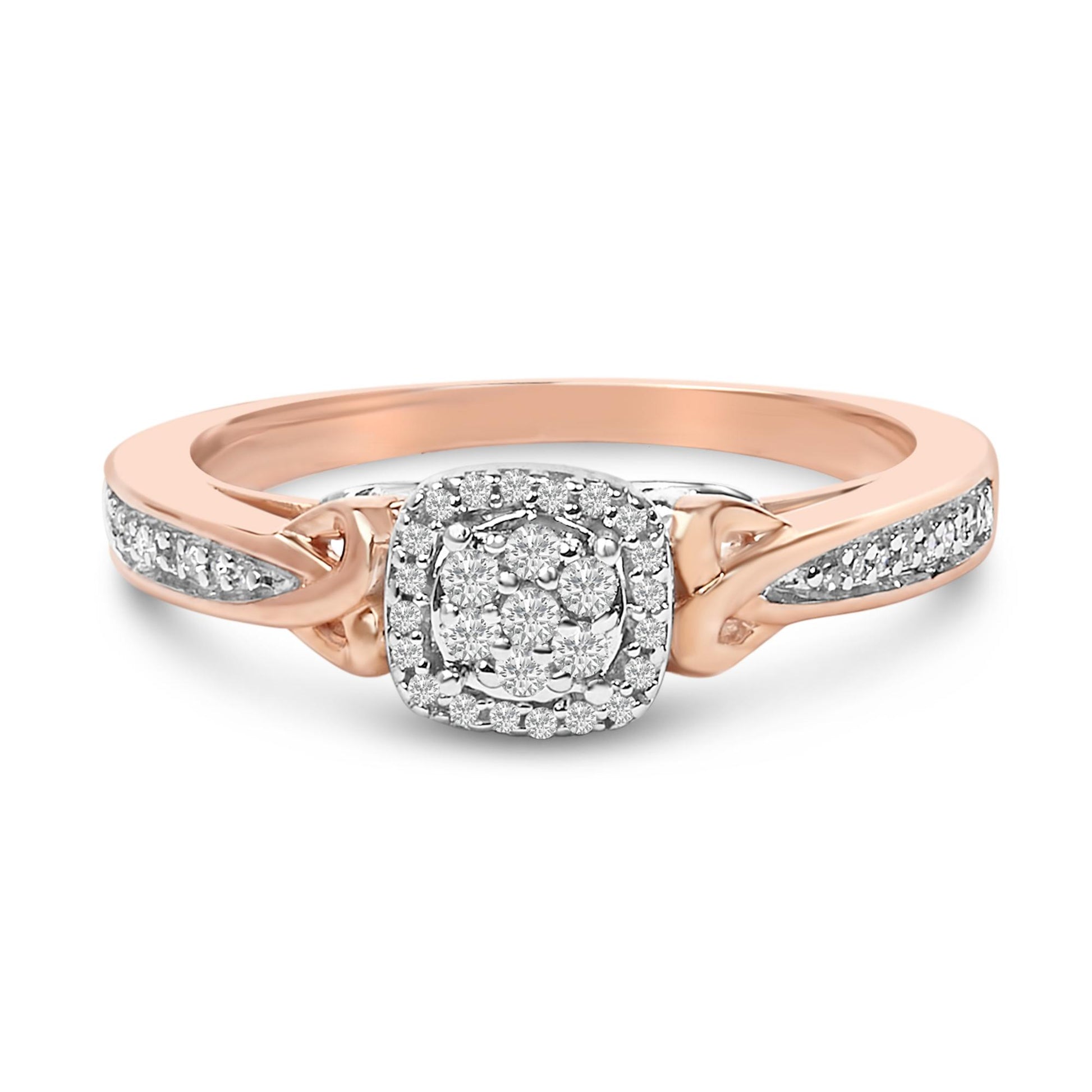 Close-up front angle of a two-tone ring with a central cluster of round white gemstones in prong settings, surrounded by a halo, and additional white gemstones set along the band.