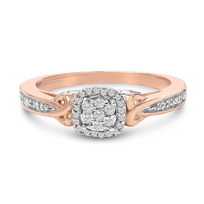 Close-up front angle of a two-tone ring with a central cluster of round white gemstones in prong settings, surrounded by a halo, and additional white gemstones set along the band.
