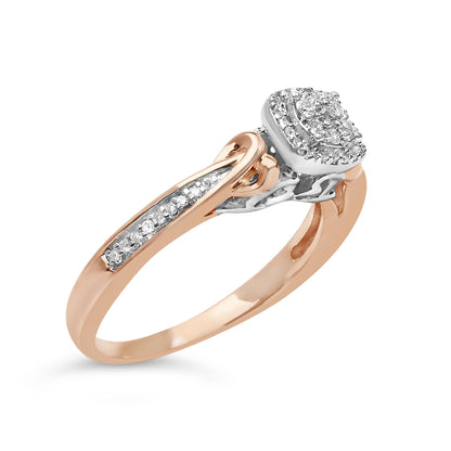 Close-up angled view of a ring with a rose-colored band featuring a white-colored metal setting on top. The setting holds a square cluster of small round white gemstones in prong settings, with additional small round white gemstones set along the top of the band.