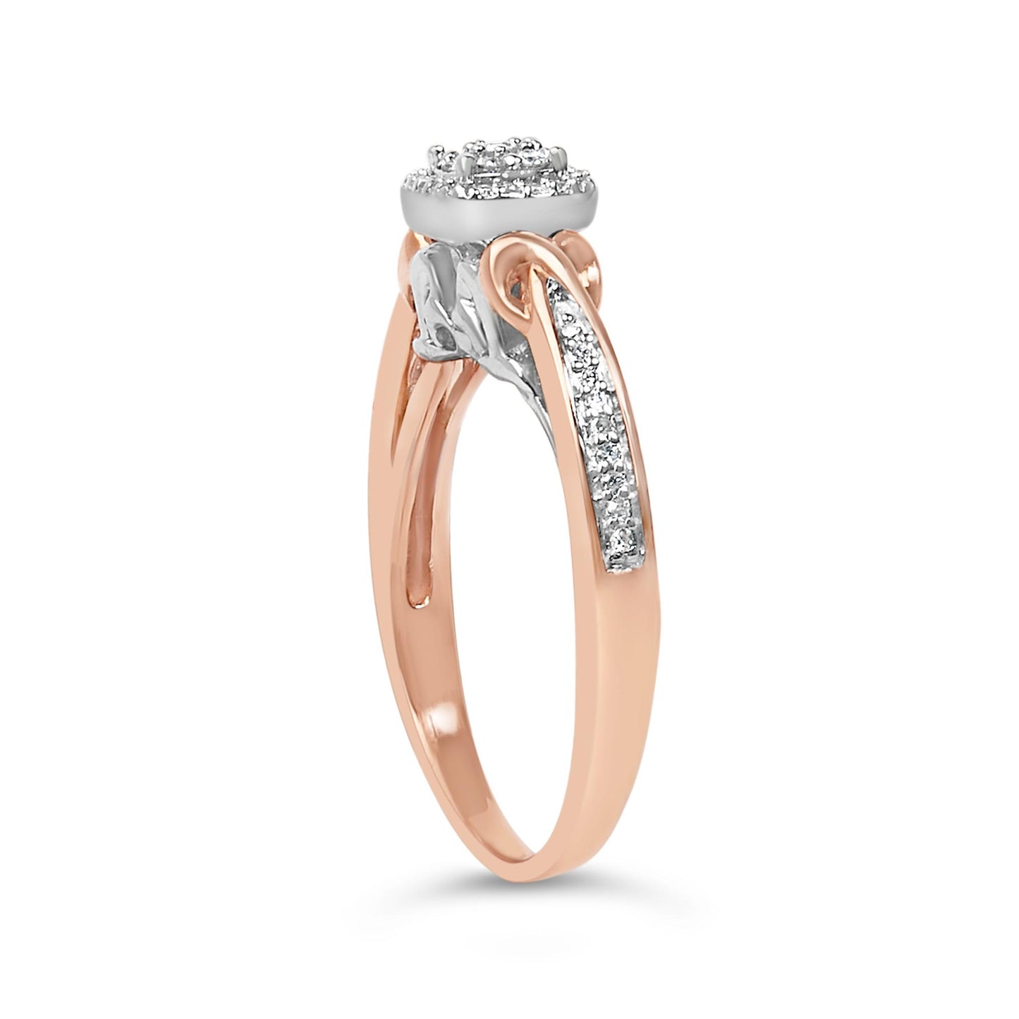 Side angle view of a two-tone ring with a white and rose metal band, featuring multiple round white gemstones in prong settings on the top and side.