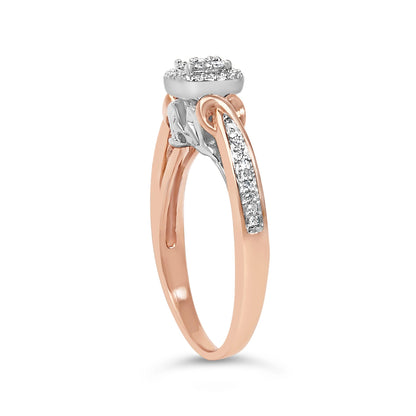 Side angle view of a two-tone ring with a white and rose metal band, featuring multiple round white gemstones in prong settings on the top and side.