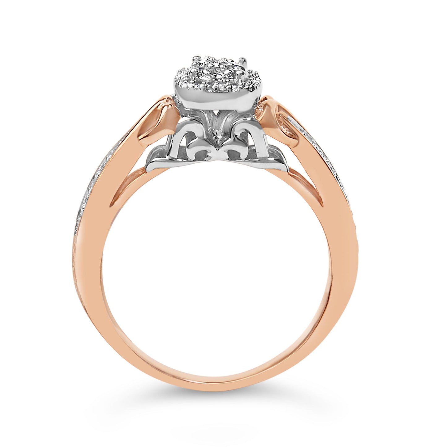 Ring with rose and white metal colors, featuring a cluster of round white gemstones in a prong setting, shown from a side angle.