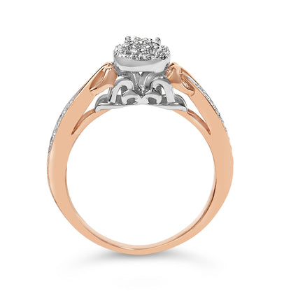 Ring with rose and white metal colors, featuring a cluster of round white gemstones in a prong setting, shown from a side angle.