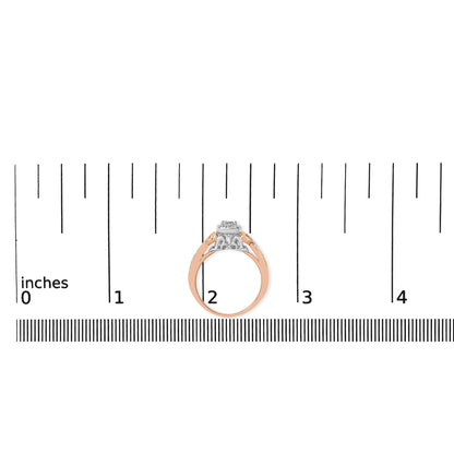 Ring with white and rose metal shown on a ruler scale, side view, featuring round white gemstones in a prong setting on top.