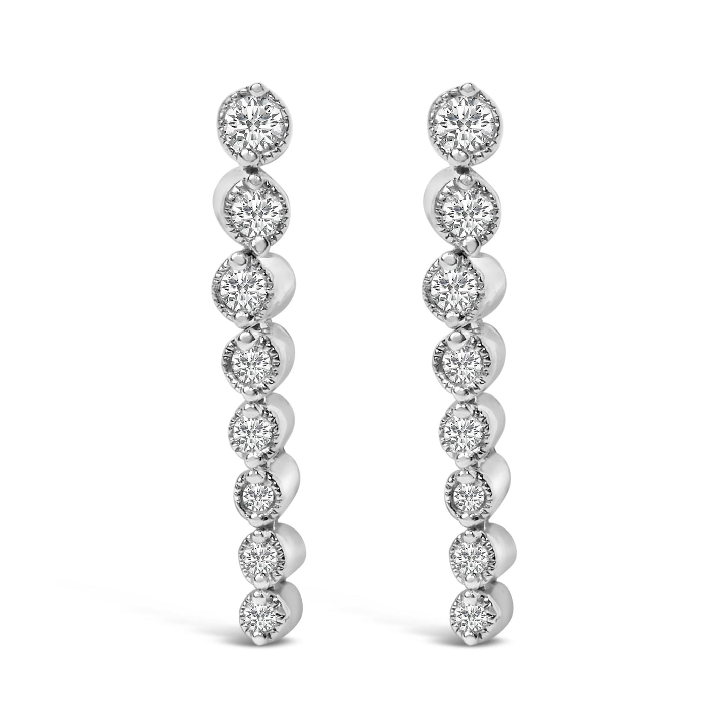 Front view of a pair of white metal earrings, each featuring a vertical row of round white gemstones in prong settings.