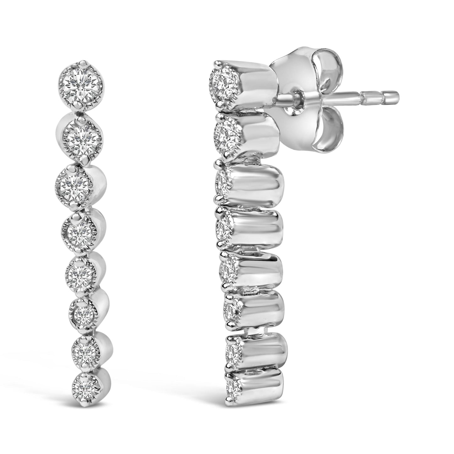 Close-up front and side views of white metal earrings studded with round prong-set white gemstones in a vertical row.