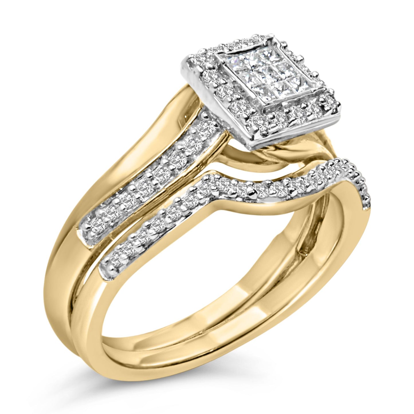 Close-up angled view of a yellow and white metal ring featuring a square cluster of princess-shaped white gemstones in an invisible setting, surrounded by round white gemstones in a shared prong setting along the band.